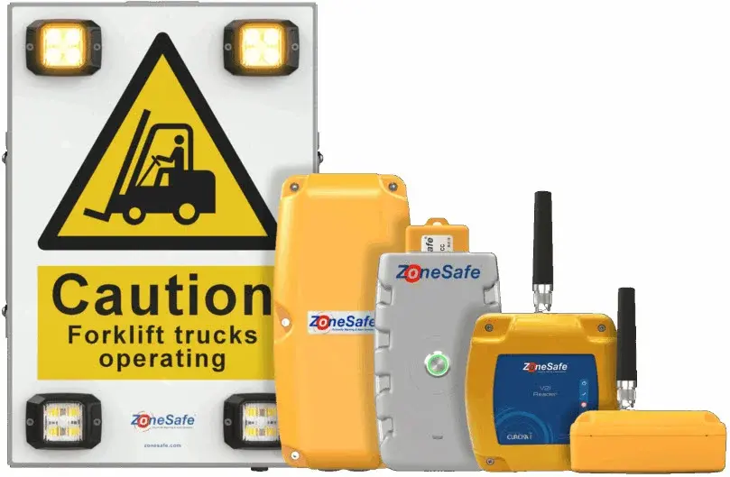 ZoneSafe RFID/UWB forklift proximity warning system with collision avoidance.