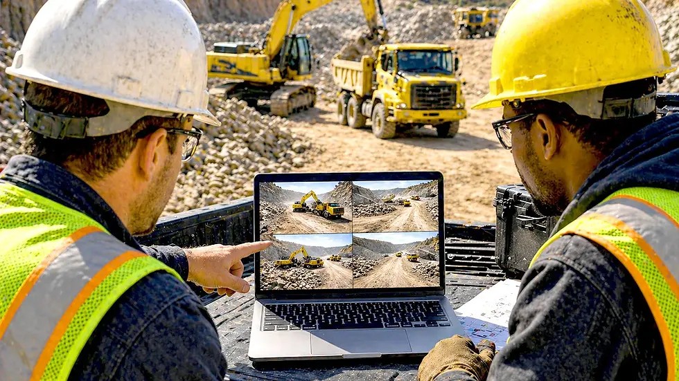 Safety team reviewing AI pedestrian detection footage from excavators to identify high-risk exposure patterns