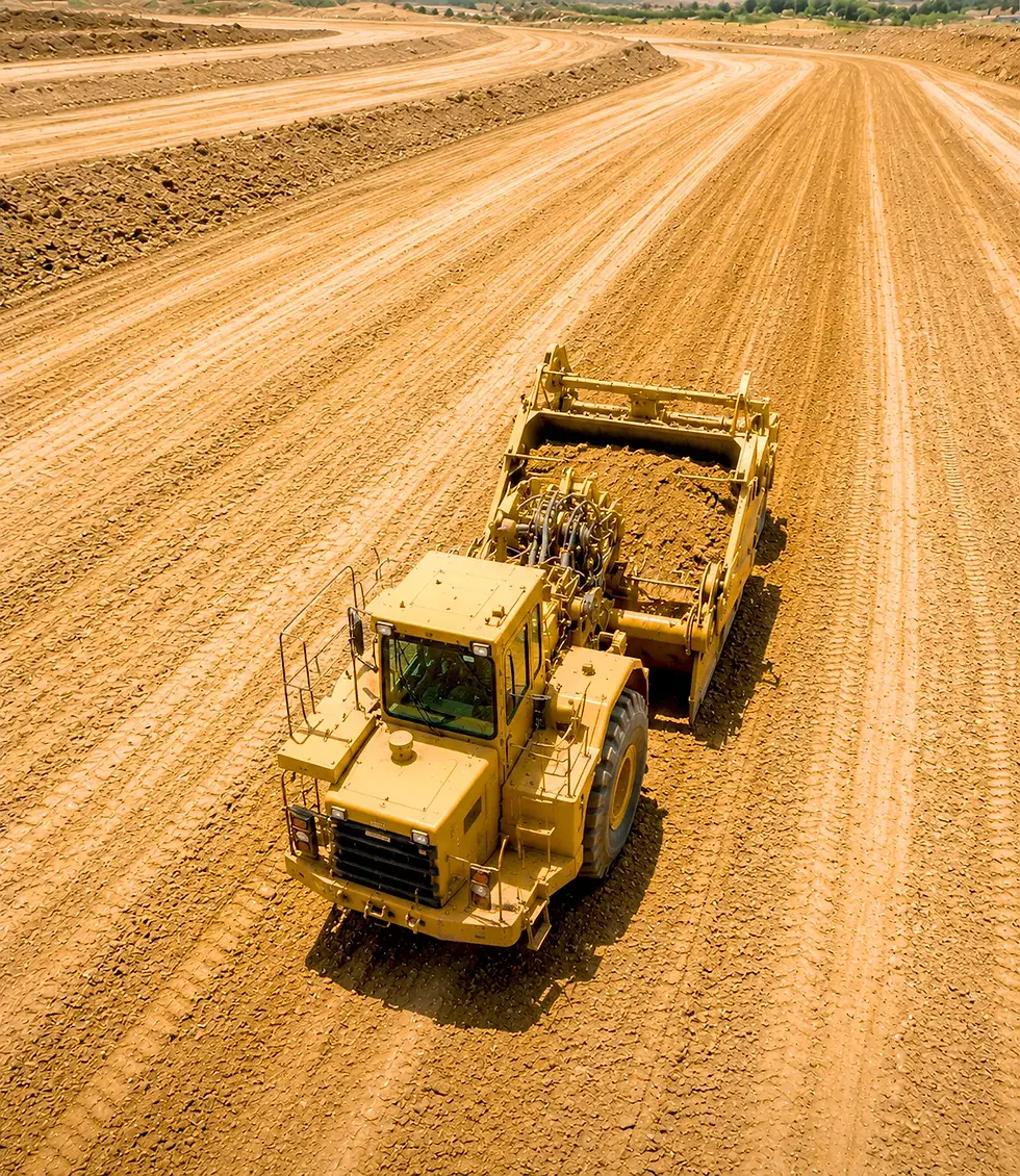 AI pedestrian detection for scrapers — elevated view of push-pull scraper tandem pair operating on large grading site, no workers visible