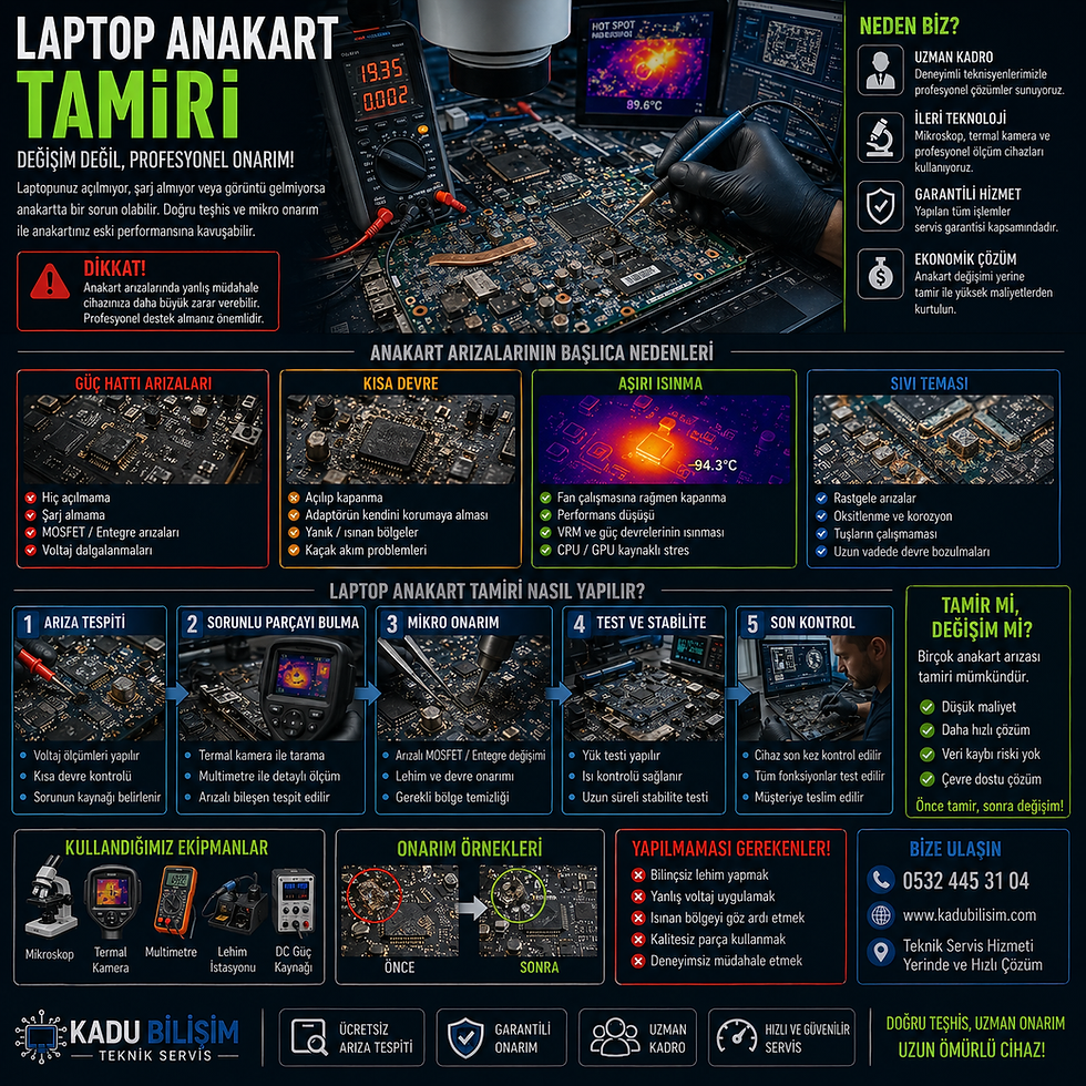 Laptop anakart tamiri sırasında voltaj ölçümü ve mikro lehim işlemlerinin yapıldığı teknik servis süreci