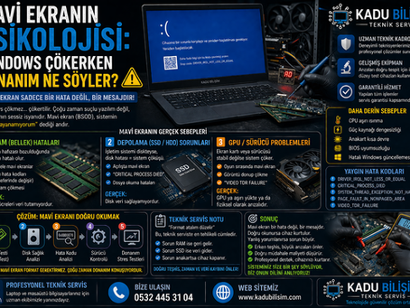 Windows mavi ekran hatası veren bilgisayarda RAM, SSD ve GPU testlerinin yapıldığı teknik servis analiz süreci