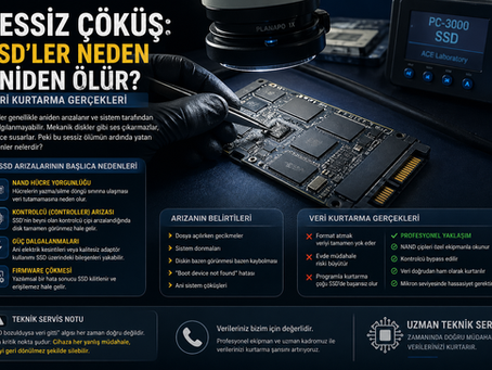 Arızalanmış SSD üzerinde veri kurtarma işlemi yapan teknik servis ekipmanları ve mikro düzeyde müdahale süreci