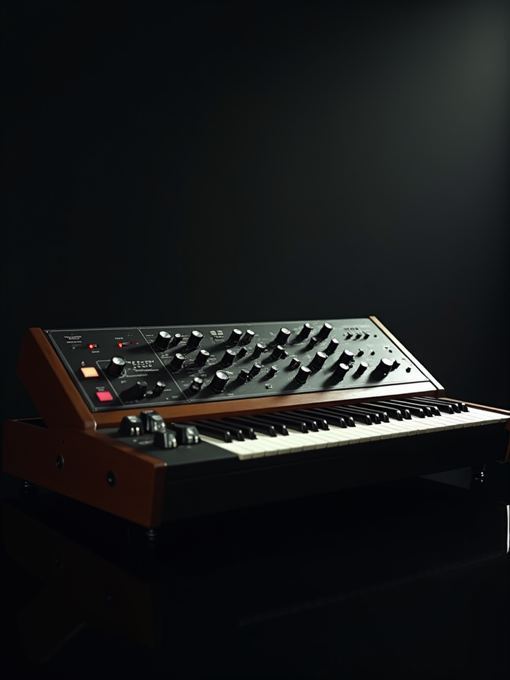 Vintage analog synthesizer in dark studio