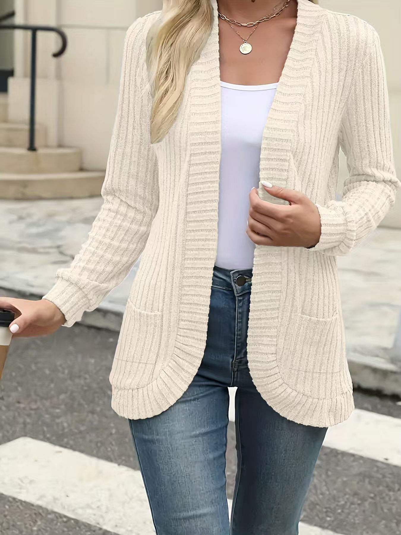 Women's Casual Ribbed Knit Cardigan with Pockets