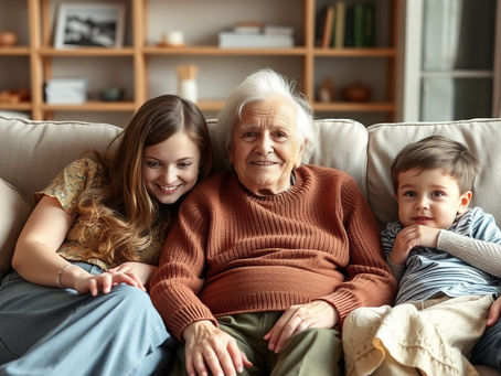 Grandma sitting next to her daughter and grandson on a couch. They are all smiling and look happy and relaxed.