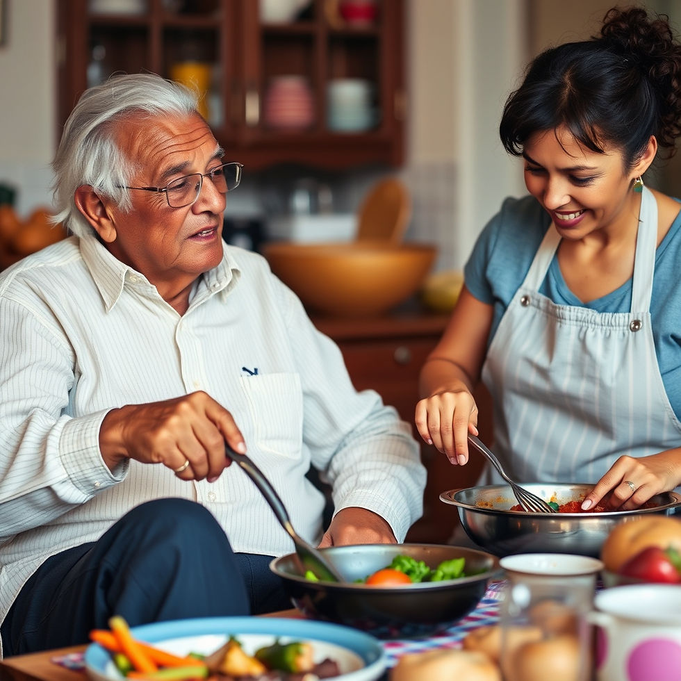 Smiling older man and young woman cook together in a home kitchen, stirring bowls of food with vegetables and dishes around them.