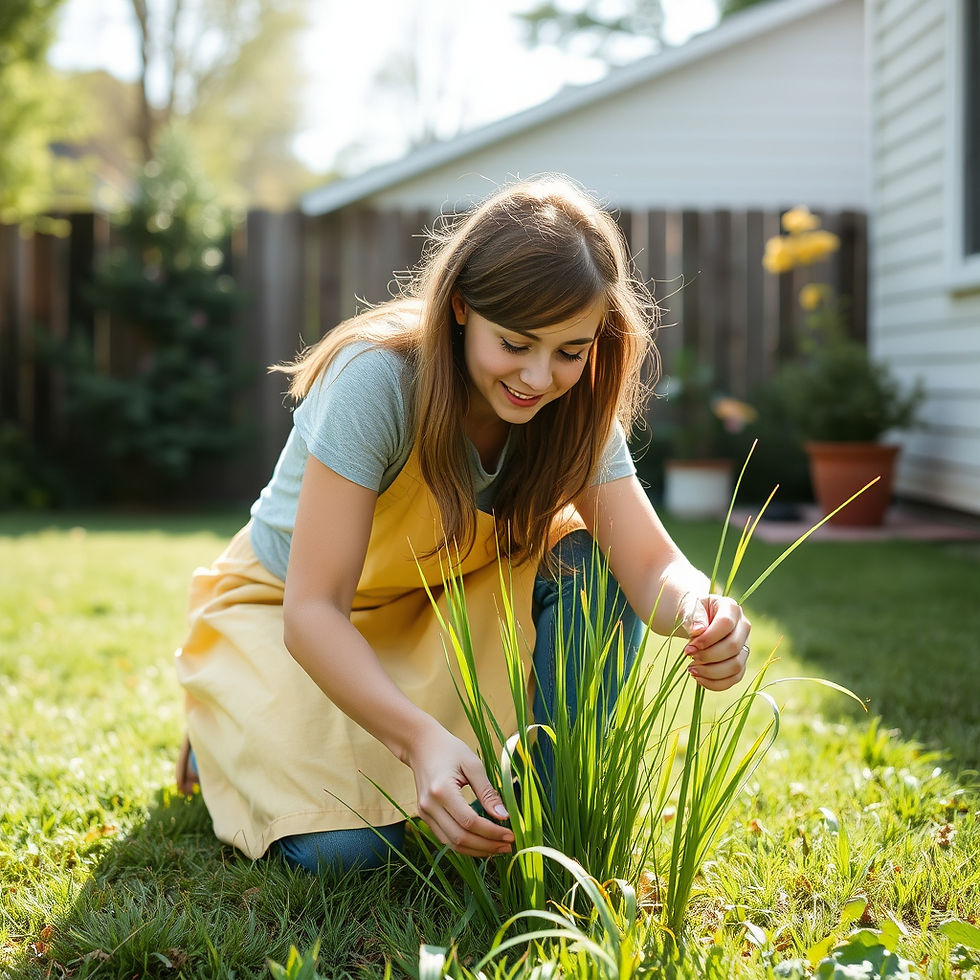 Smiling woman kneels in a sunny backyard, tending grass or seedlings in a garden, wearing a yellow apron.