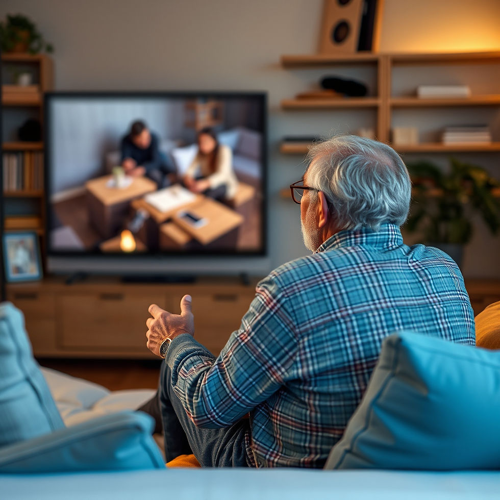 Elderly man in a plaid shirt watches a TV call with two people in a cozy living room, warm light and shelves behind him.