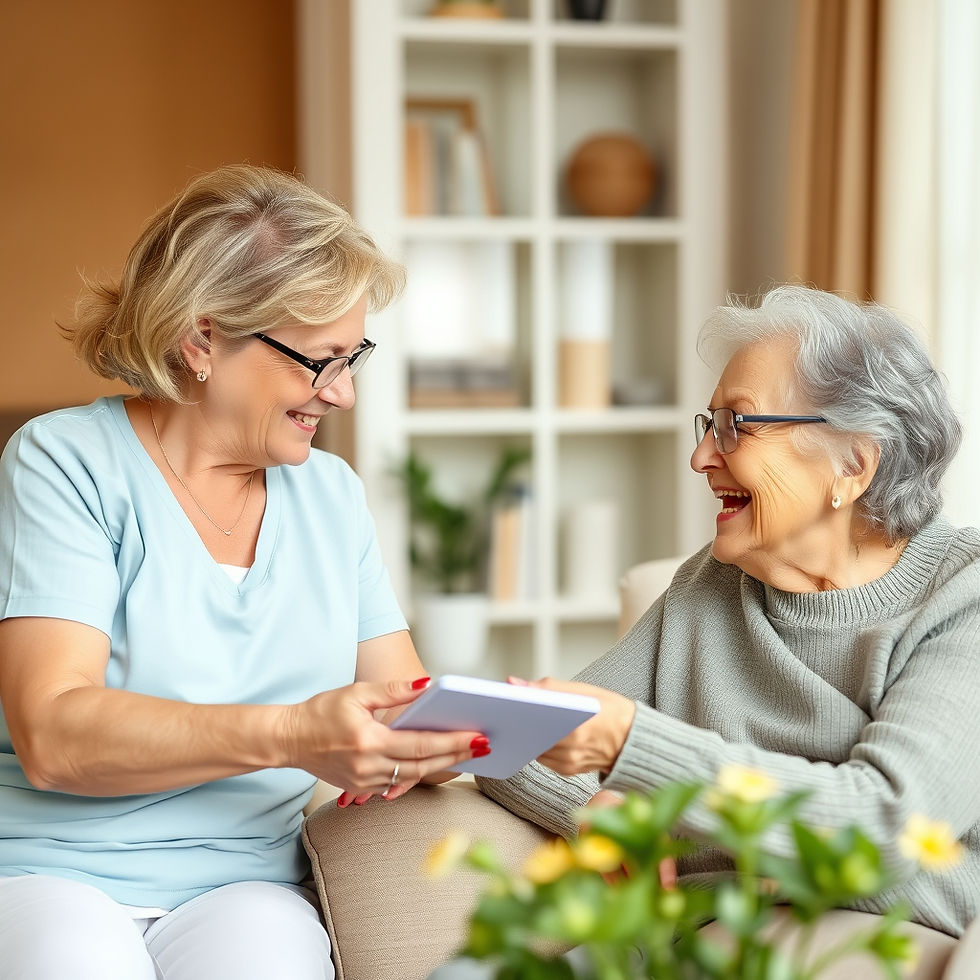Smiling nurse and elderly woman exchange a tablet on a couch in a bright living room, with shelves and plants in the background.