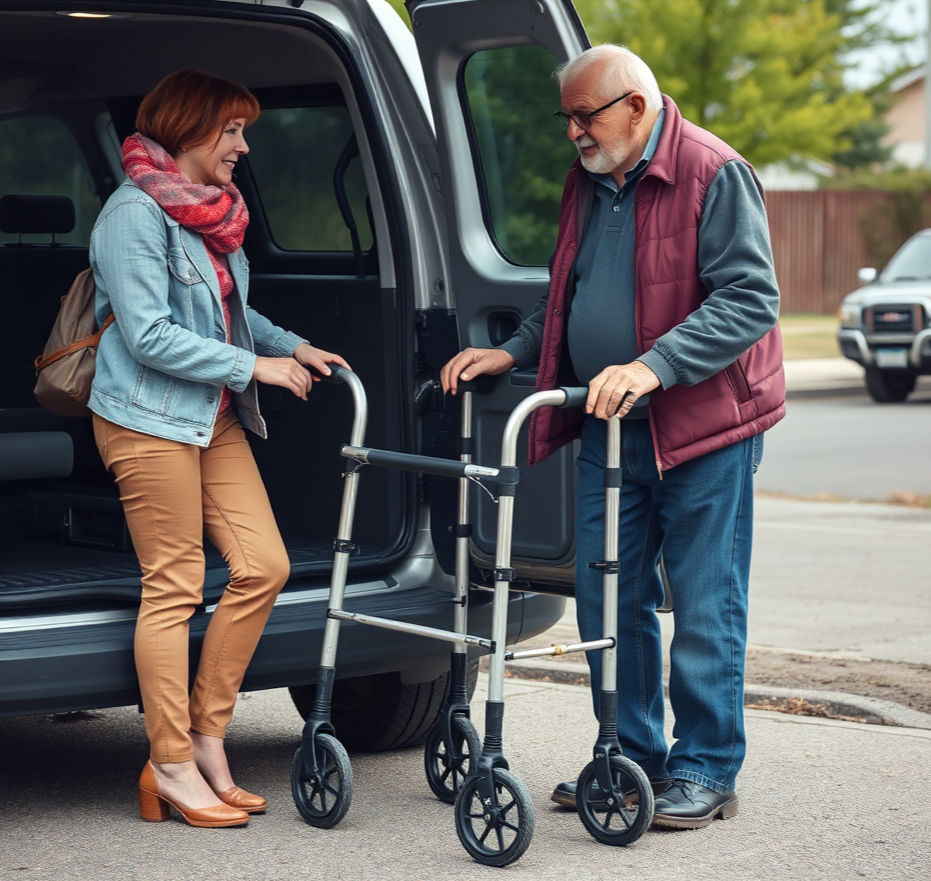 Older man and smiling woman steady a walker beside an open van on a suburban street, showing supportive, calm care.