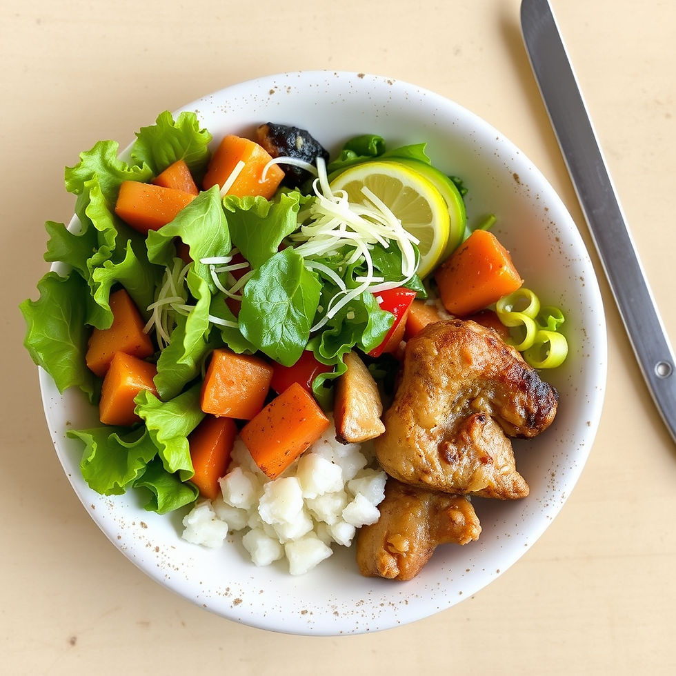 Colorful salad bowl with chicken, lettuce, carrots, rice, lemon slices, and a knife on a beige table