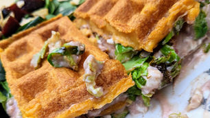 Sweet Potato Waffle Sandwiches with Brussels Sprouts & Cranberry Sauce (GF, V)