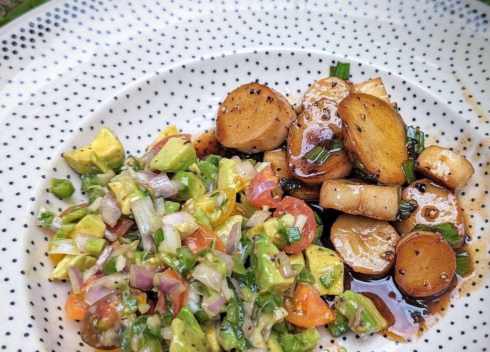 Citrus Glazed King Oyster Mushroom "Scallops" with Avocado Tomato Salsa (GF, V)