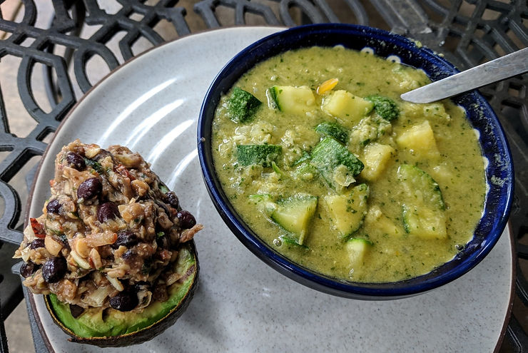 Pepian de Choclo and Grilled Avocado with Un-chicken Salad