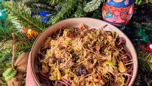Boozy Noodles with Warm Brussels Sprouts Slaw