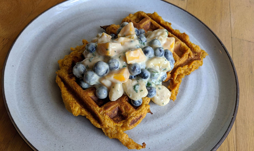 Lemon-Garlic Sweet Potato Waffles with Blueberry, Banana, and Mango Salad