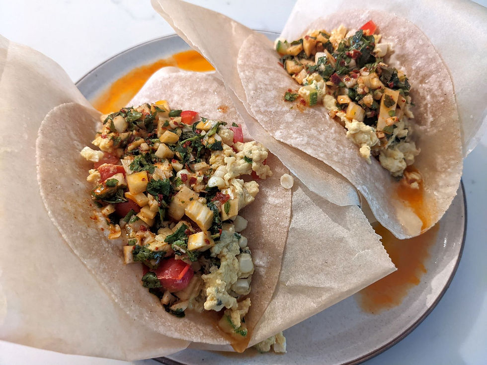 Corn Salad Breakfast Tacos with Scrambled JUST Eggs & Chimichurri Sauce (GF, V)