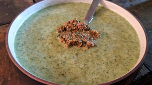 Vegan Creamy Kale, Broccoli and Zucchini Soup with Sun Dried Tomato Pesto