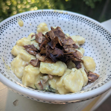 Plantain Gnocchi with Banana-Orange Sauce an Coconut Bacon (DF, GF)