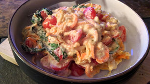 Carrot Noodles with Vegan Alfredo Sauce, Sauteed Spinach and Cherry Tomatoes