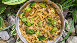 Wide Thai Rice Noodles with Broccoli and Mushrooms