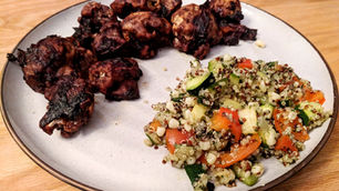Blueberry BBQ Cauliflower Wings with Zucchini and Corn Quinoa Salad