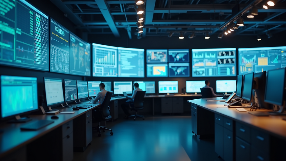 Eye-level view of a logistics control room with digital screens