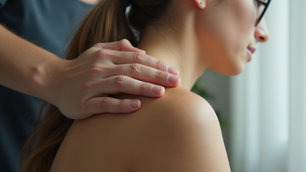 Close-up view of a person massaging their shoulder