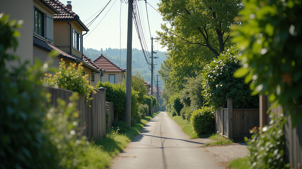 Eye-level view of a semi-urban neighborhood with houses and greenery
