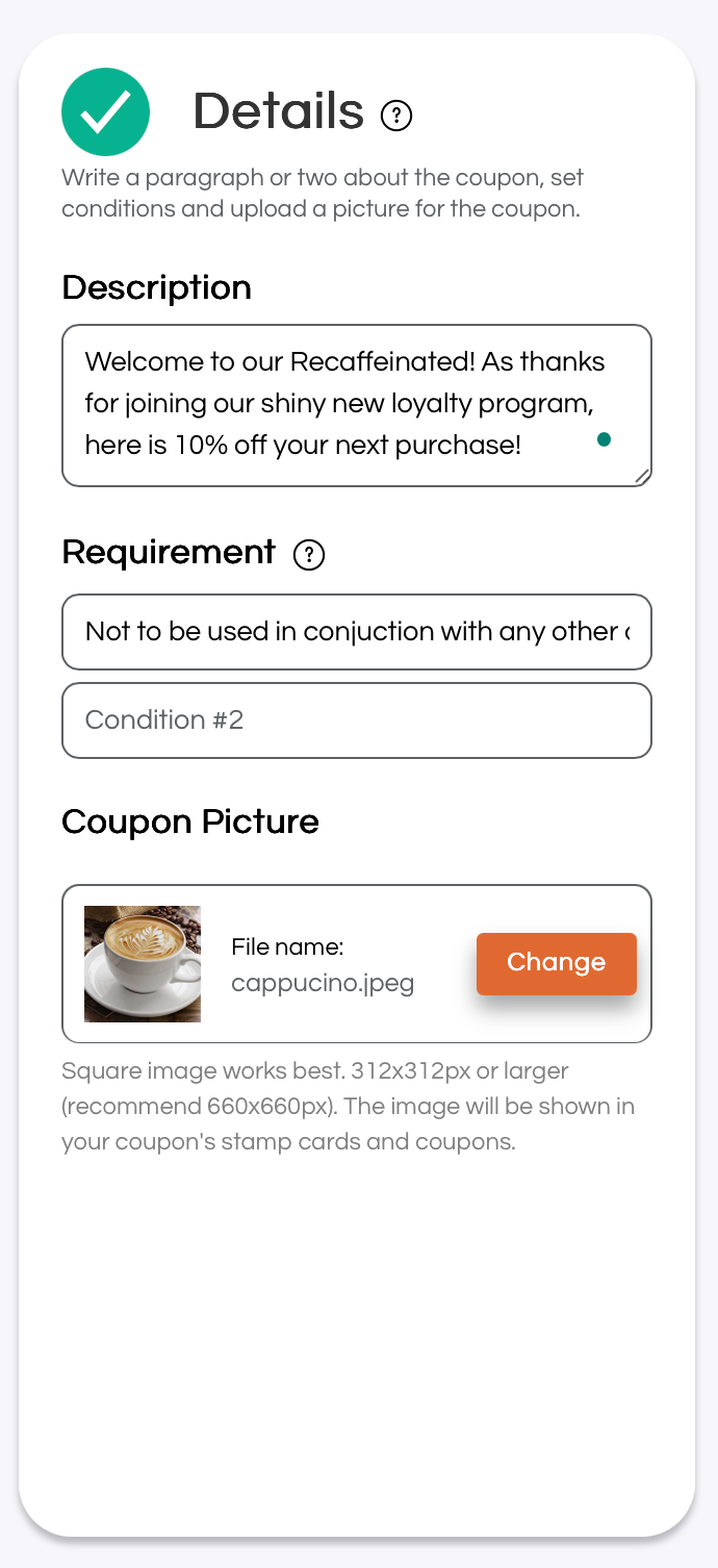 Select details and upload a. picture for your welcome coupon on meed