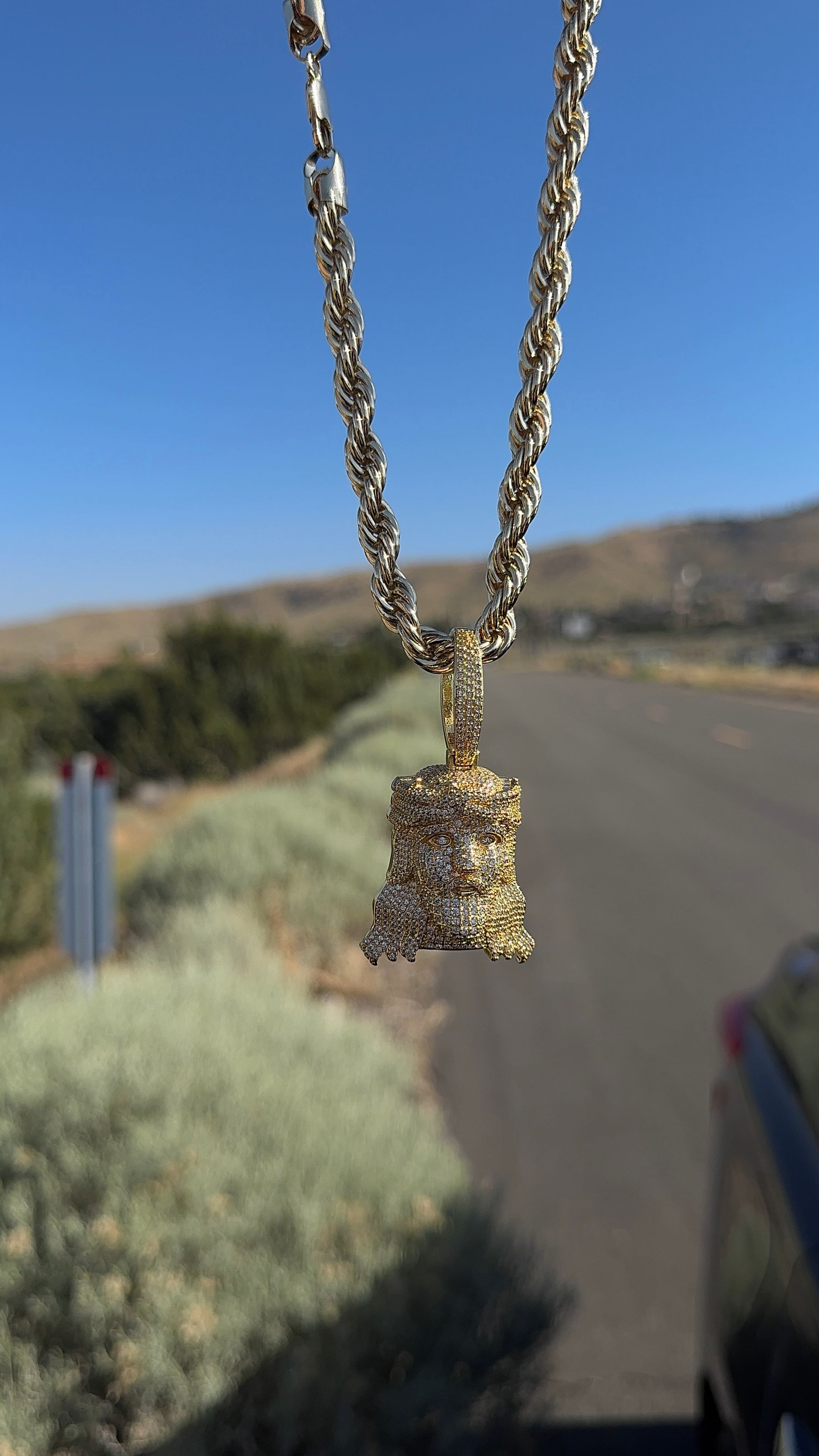 Gold Plated Iced Out Jesus Peace Necklace, 24-Inch 10mm Thick Rope Chain