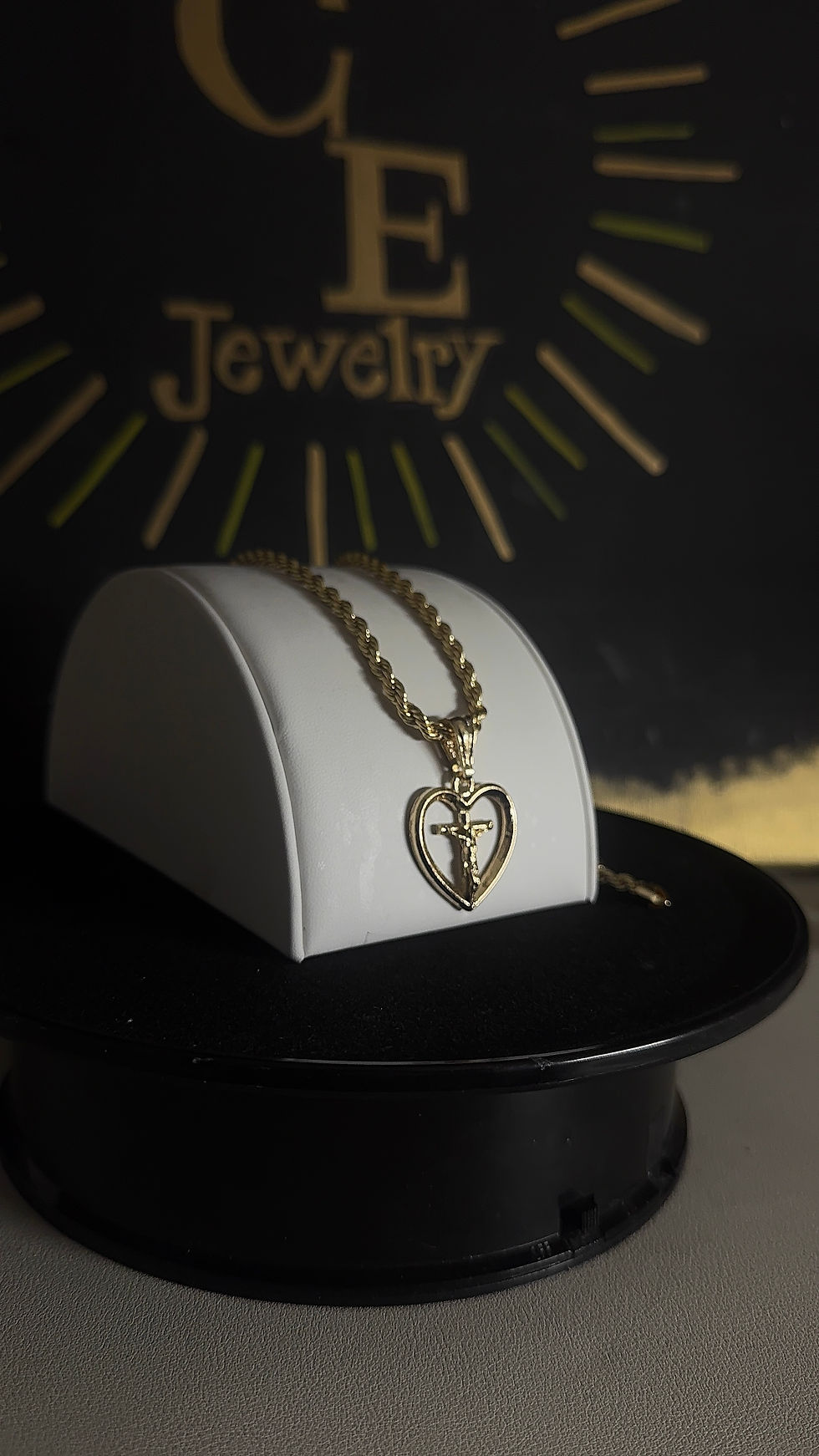 Thumbnail: Gold Plated Small Cross with Heart Accent, 4mm 24-Inch Rope Chain Included