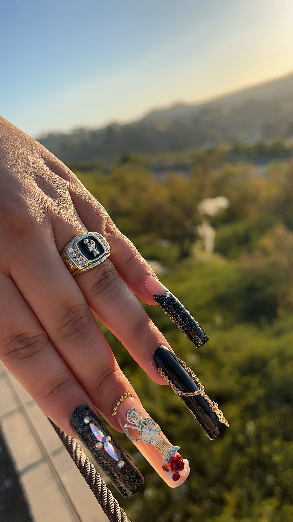 Thumbnail: Small Santa Muerte ring (gold & black ) with (white gem stones)
