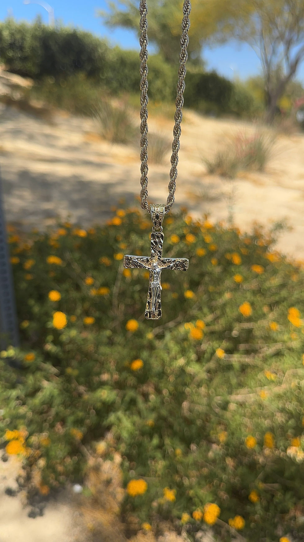 Thumbnail: Gold Plated Cross with Nuggets Details 24 Inch Rope Chain for Men and Women Unis