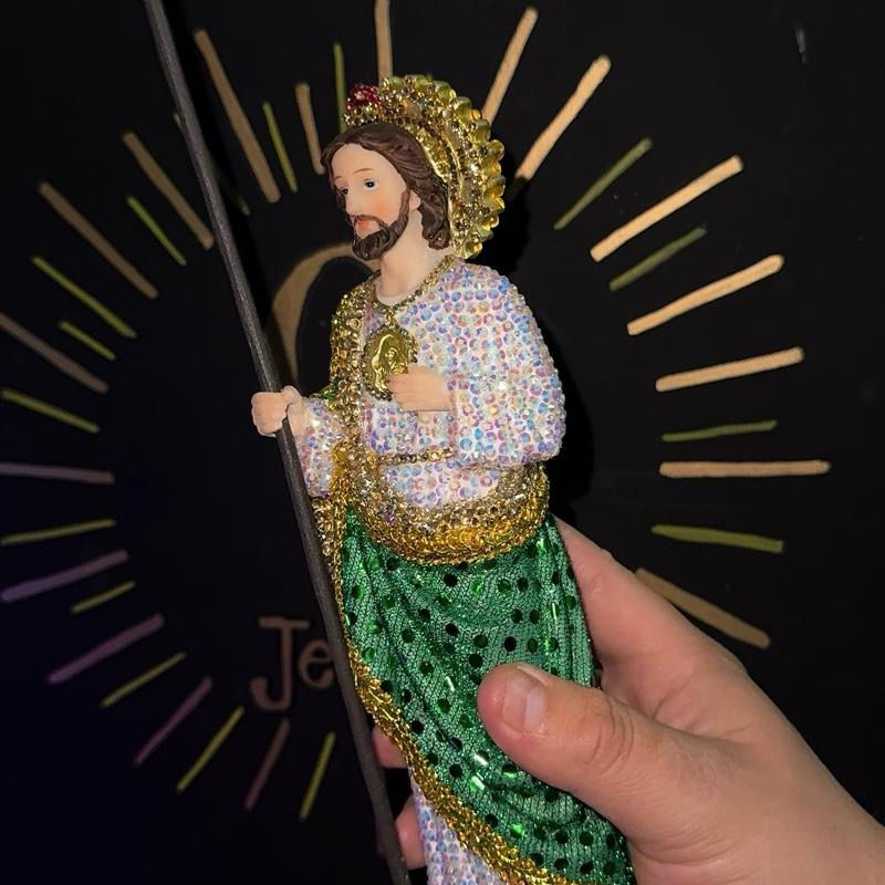 Thumbnail: 9-Inch Iced Out Saint Jude Silicone Statue - Golden Accents, Beaded Detailing, C