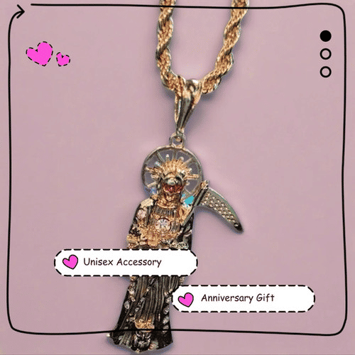 XL Gold Plated Santa Muerte Pendant Red Eyes 24in Chain