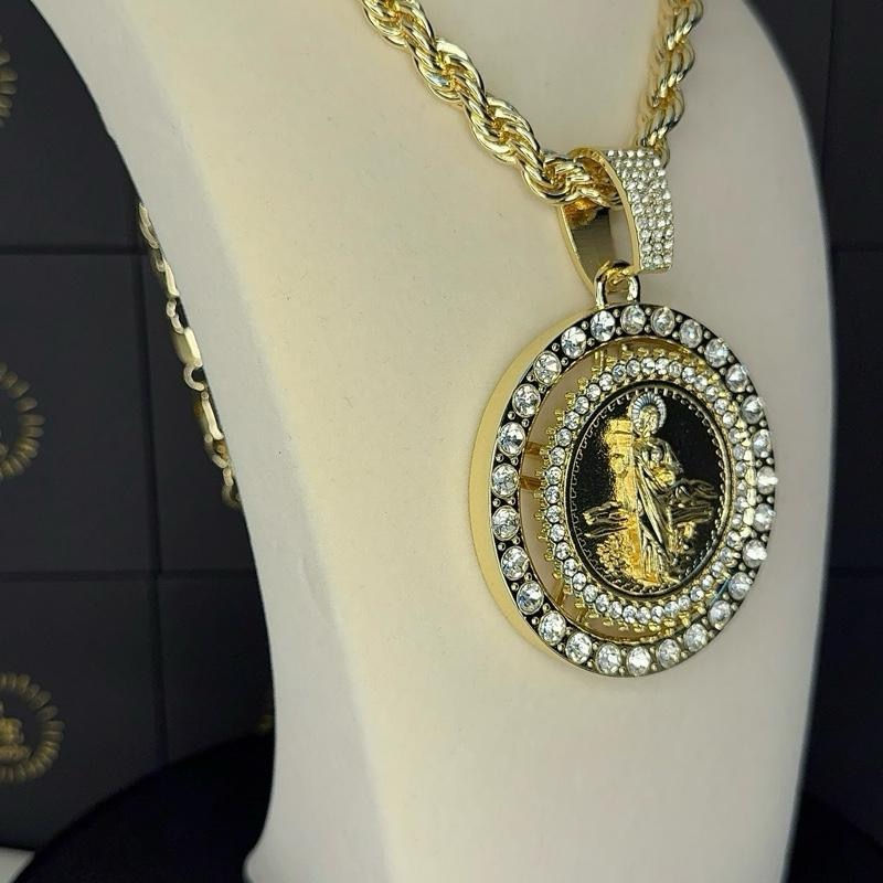 Thumbnail: Gold Plated Saint Jude Roulette Religious Pendant Necklace - 24-in Textured Rope