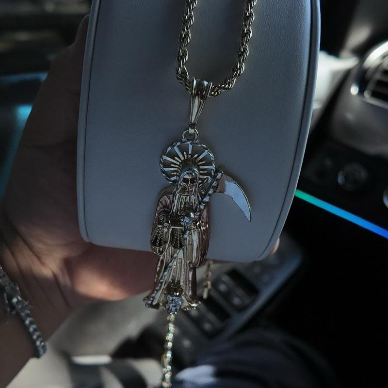 Thumbnail: 2 Tone Santa Muerte Figurine with Red Eyes 24' Inch Rope Chain for Spiritual Pro