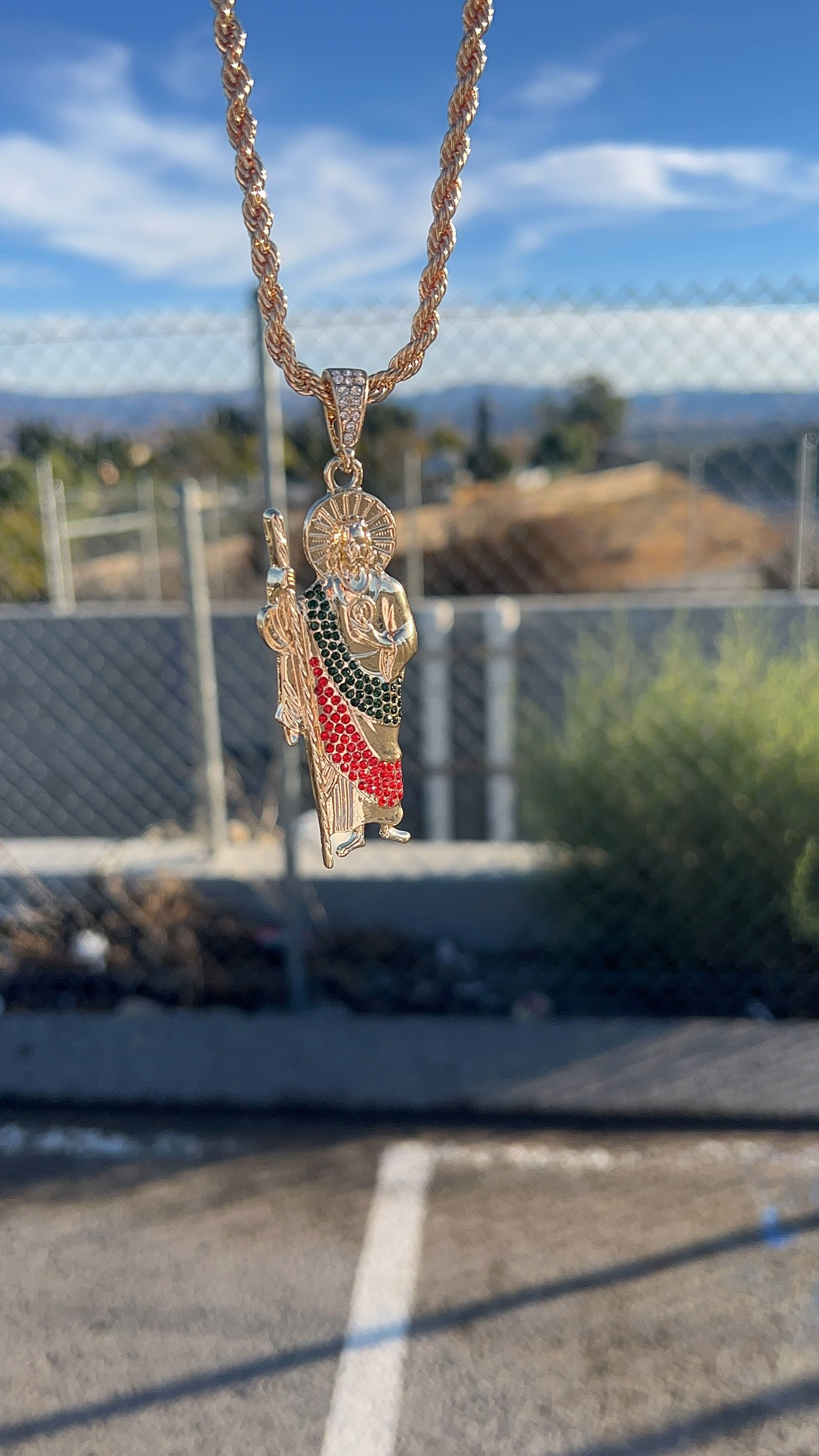 Large Bust out San Judas with CZ Stones (green, red)