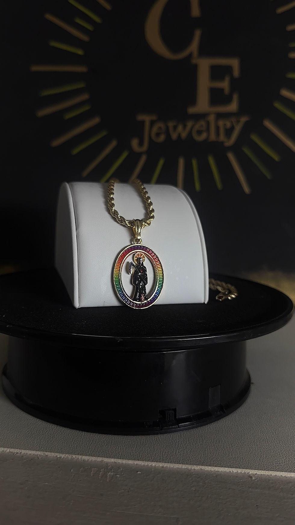 Thumbnail: Gold Plated Mid-Size Santa Muerte Pendant with 7 Petitions, 24-in 4mm Rope Chain