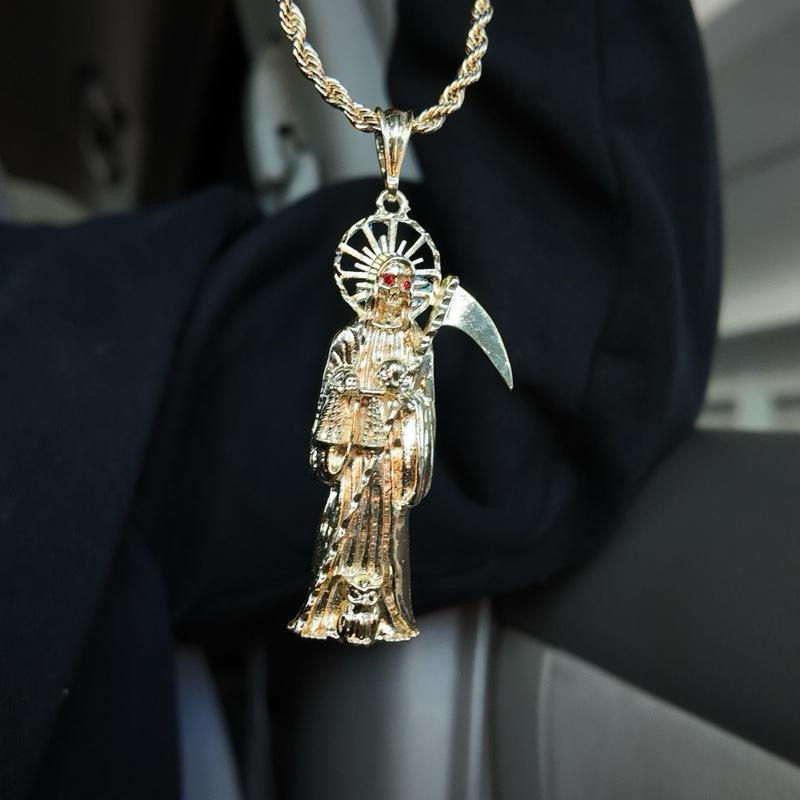 Thumbnail: XL Gold Plated Santa Muerte with Red Eyes and 24 Inch Rope Chain for Daily Wear 