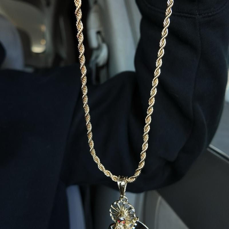 Thumbnail: XL Gold Plated Santa Muerte with Red Eyes and 24 Inch Rope Chain for Daily Wear 