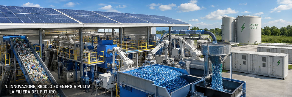 Moderno impianto industriale per il riciclo della plastica alimentato da pannelli fotovoltaici e sistemi di accumulo, con robot automatizzati e granuli di plastica riciclata, simbolo dell'economia circolare e della transizione energetica.