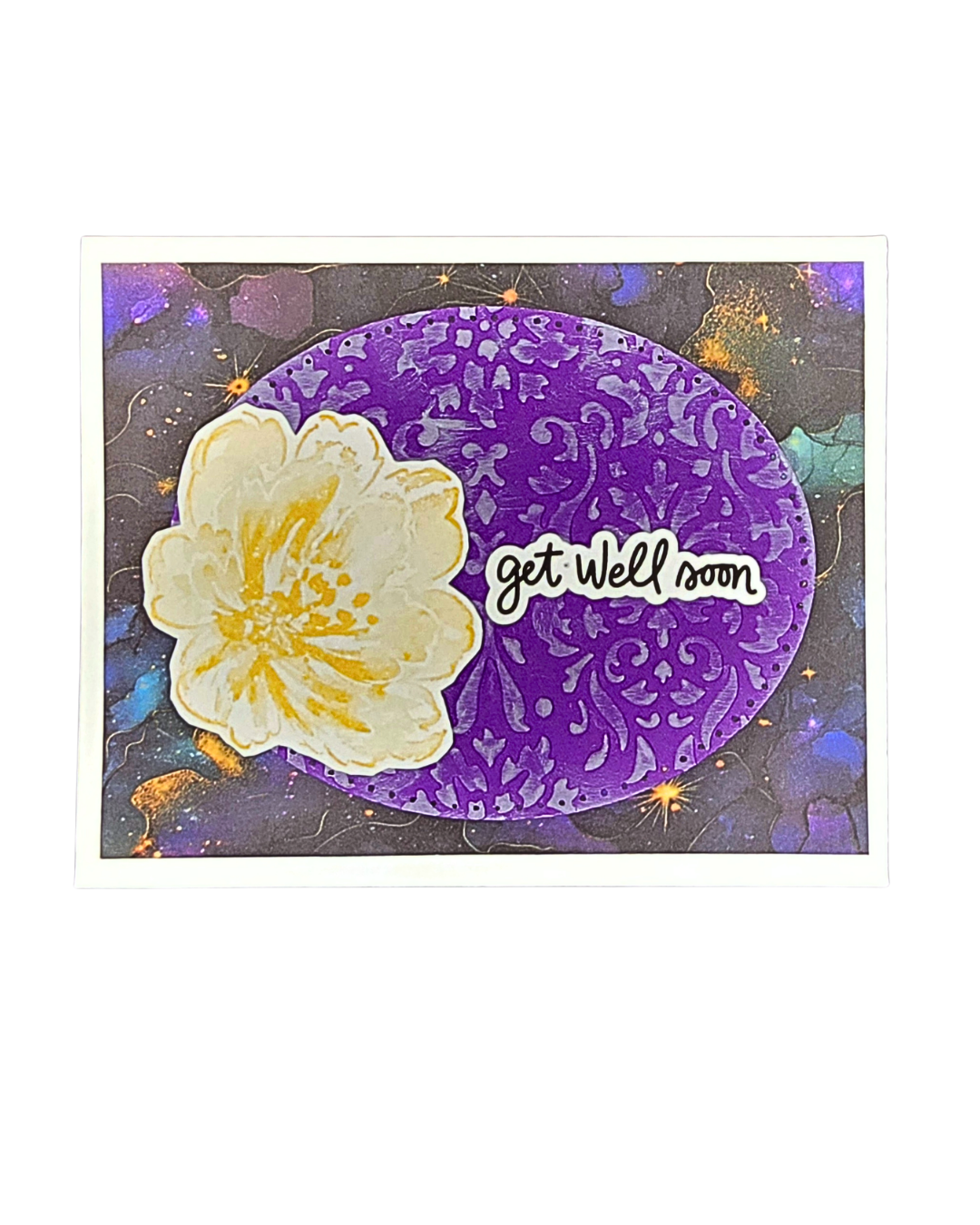 Elegant handmade Get Well card with purple, gold, and yellow floral design