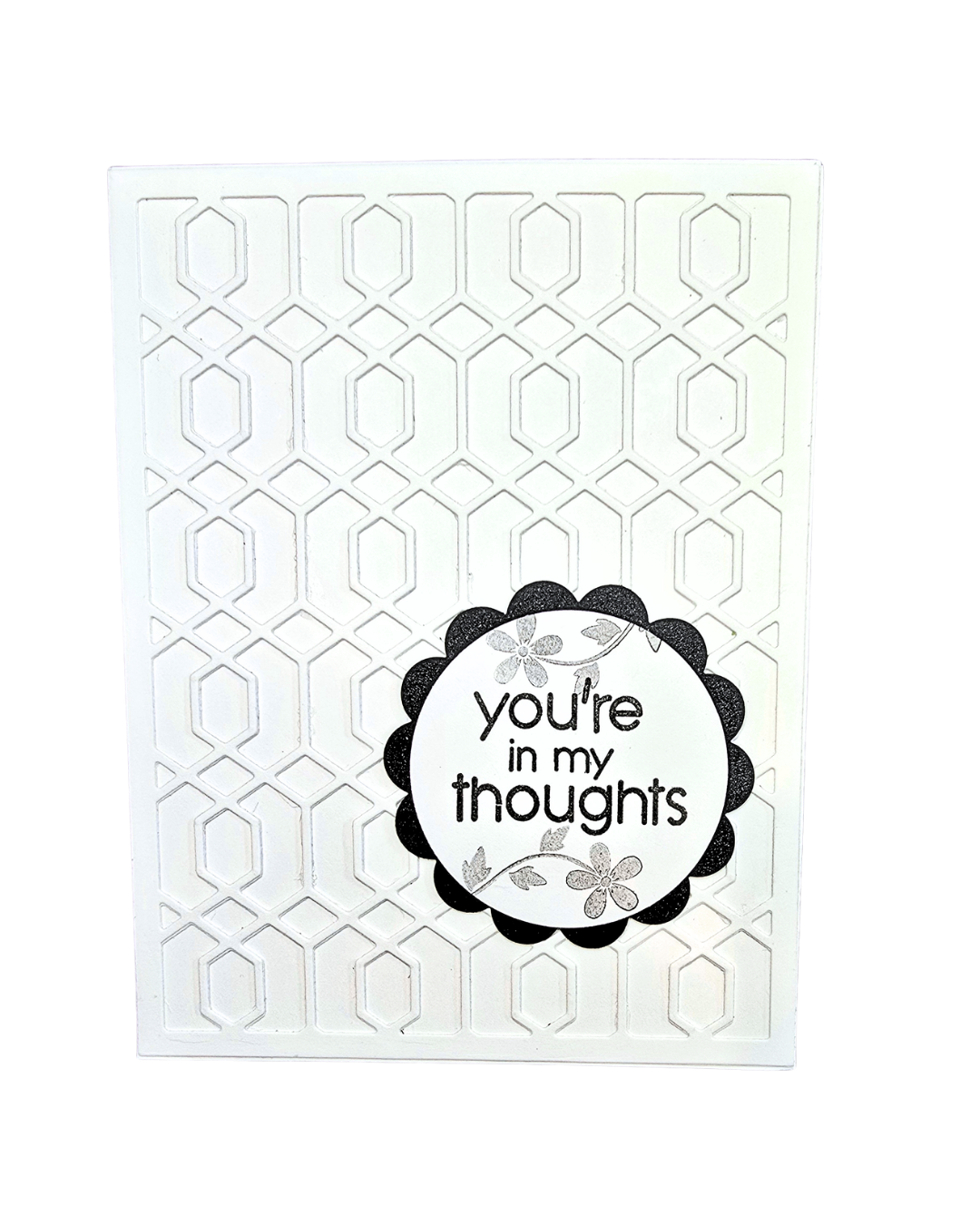 Elegant sympathy greeting card featuring an embossed geometric background with the sentiment "You're in My Thoughts".