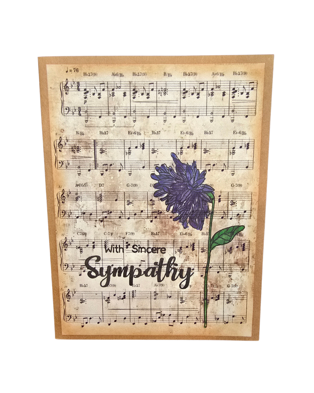Handmade With Sincere Sympathy Vintage Floral Card featuring vintage sheet music and a single purple flower.