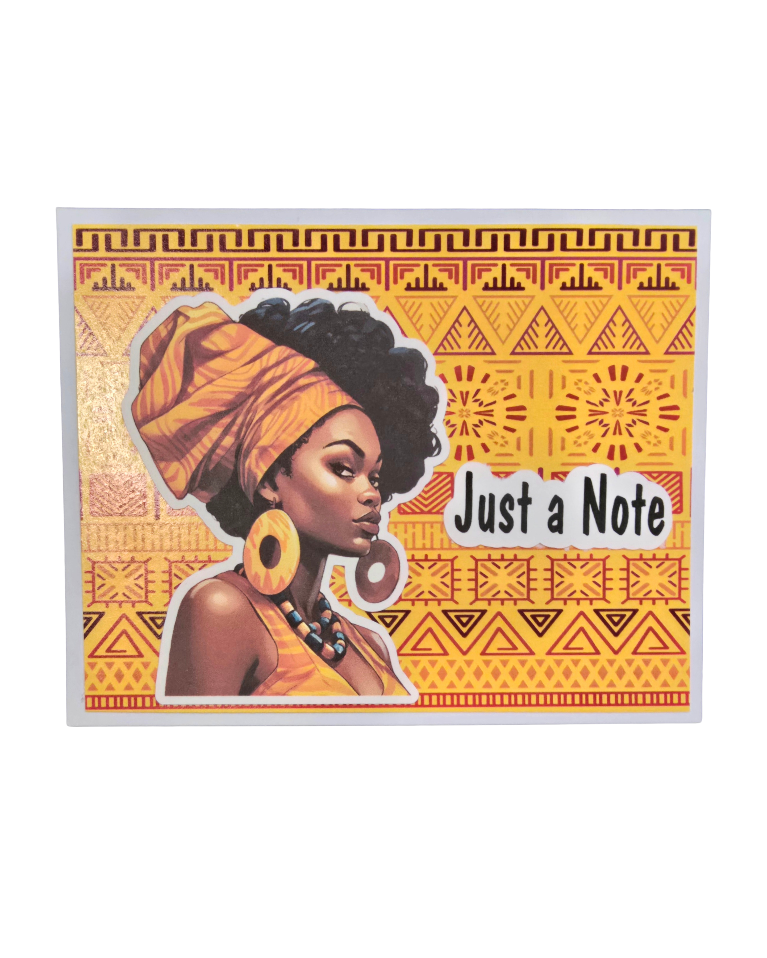 African Heritage Just a Note card featuring an elegant African woman wearing a gold headwrap.