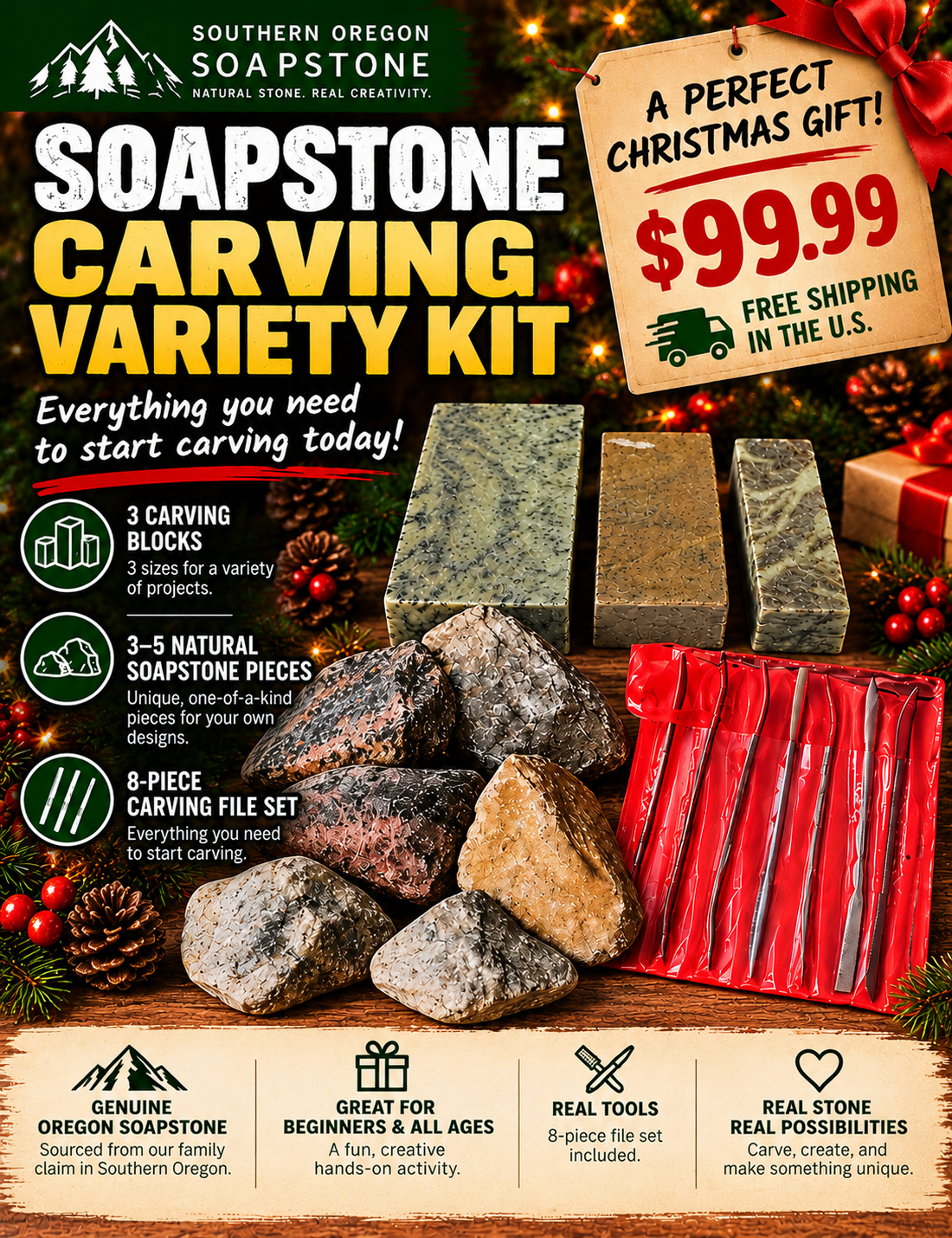 Soapstone Carving Variety Kit – 15–18 lbs with 8-Piece File Set