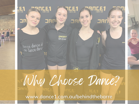 Promotional image with the title of the blog 'Why Choose Dance' and the link to our blog. There are children smiling in their dance uniform, children learning in class with their teacher and children posing for a photo and making love hearts with their hands.