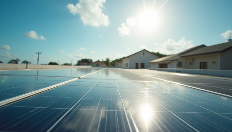 Eye-level view of solar panels installed on a Jamaican rooftop under clear skies